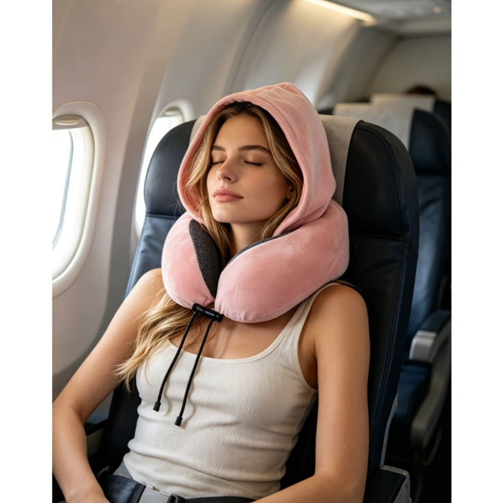 Hooded U-Shaped Travel Neck Pillow with Eye Mask, Carry Bag and Front Drawstrings in Pink, Blue, Black or Grey