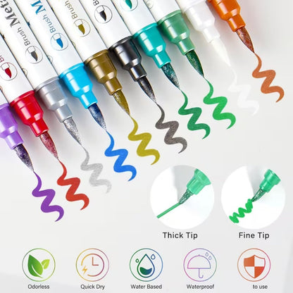 Nail Art Pens Set 10 Metallic Colors with 12pcs Nail Stickers – Dual-Headed 3D Acrylic Polish Markers for Doodle Dot Line Stitching Graffiti