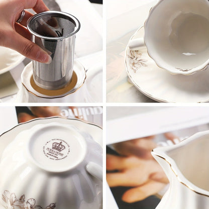 Porcelain Tea Set Service for 6 British Royal Floral Design with Teapot Sugar Bowl Cream Pitcher Teaspoons Tea Strainer 8oz Cups Saucers