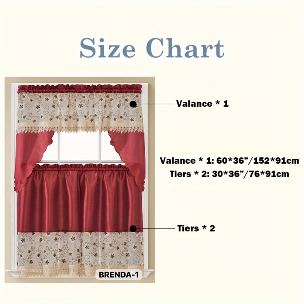 Kitchen Curtains 3 Piece Set Embroidered Satin Valance and Tiers – Rod Pocket Light Filtering Machine Washable 46 Colors