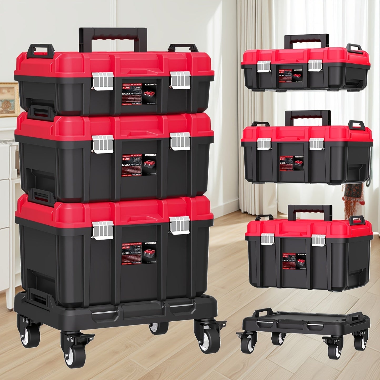 Rolling Tool Box with Wheels 3-Tier Stackable Organizer | Lockable Compartments, Connected Storage, 17" Large Plastic Toolbox for Garage