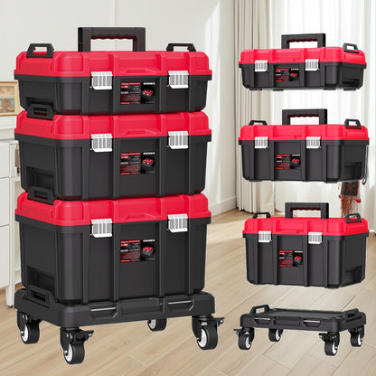 Rolling Tool Box with Wheels 3-Tier Stackable Organizer | Lockable Compartments, Connected Storage, 17" Large Plastic Toolbox for Garage
