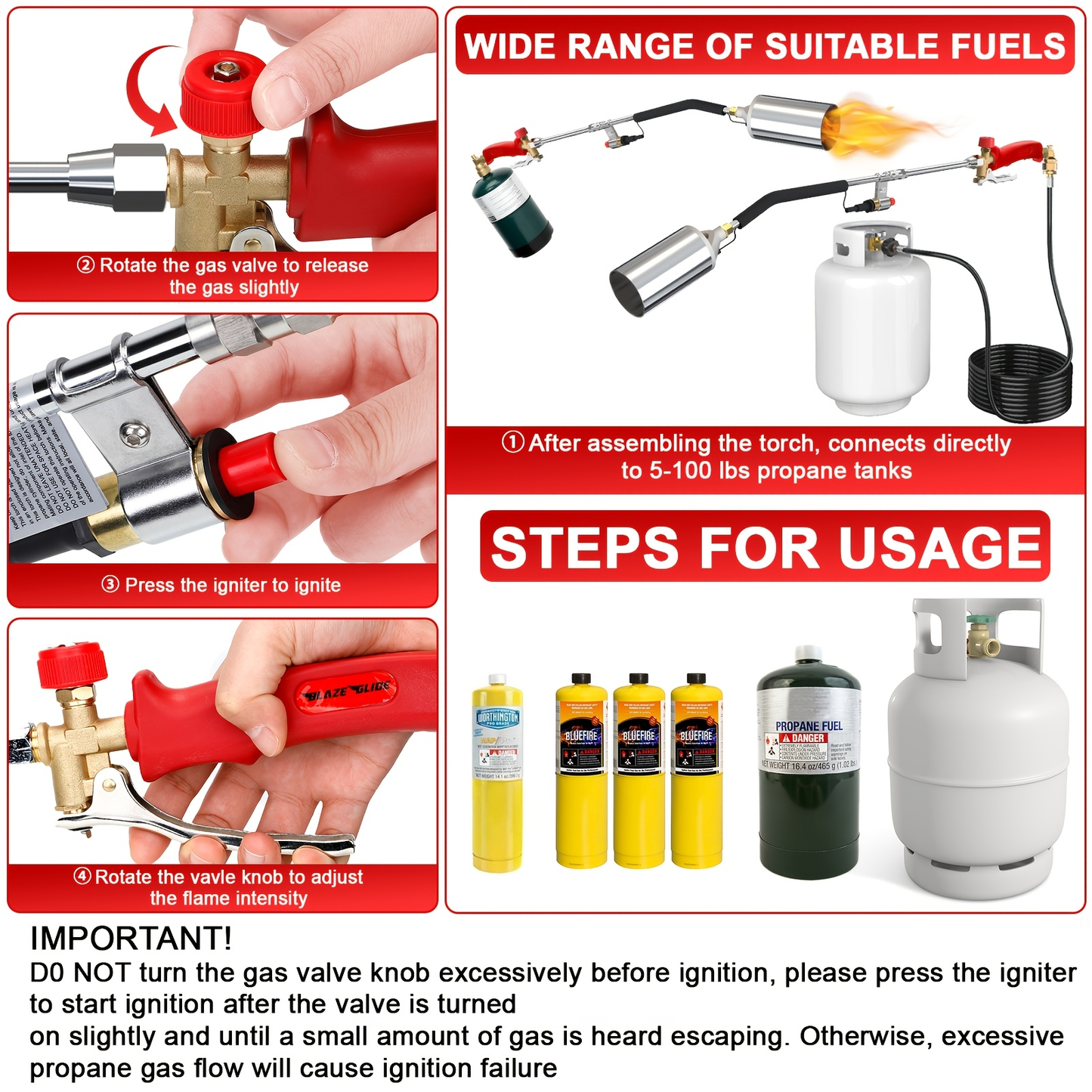 Weed Burner Torch Propane with 10ft Hose & Turbine Trigger, High-Output Flame Weeder with Cylinder Converter for Garden Weeding