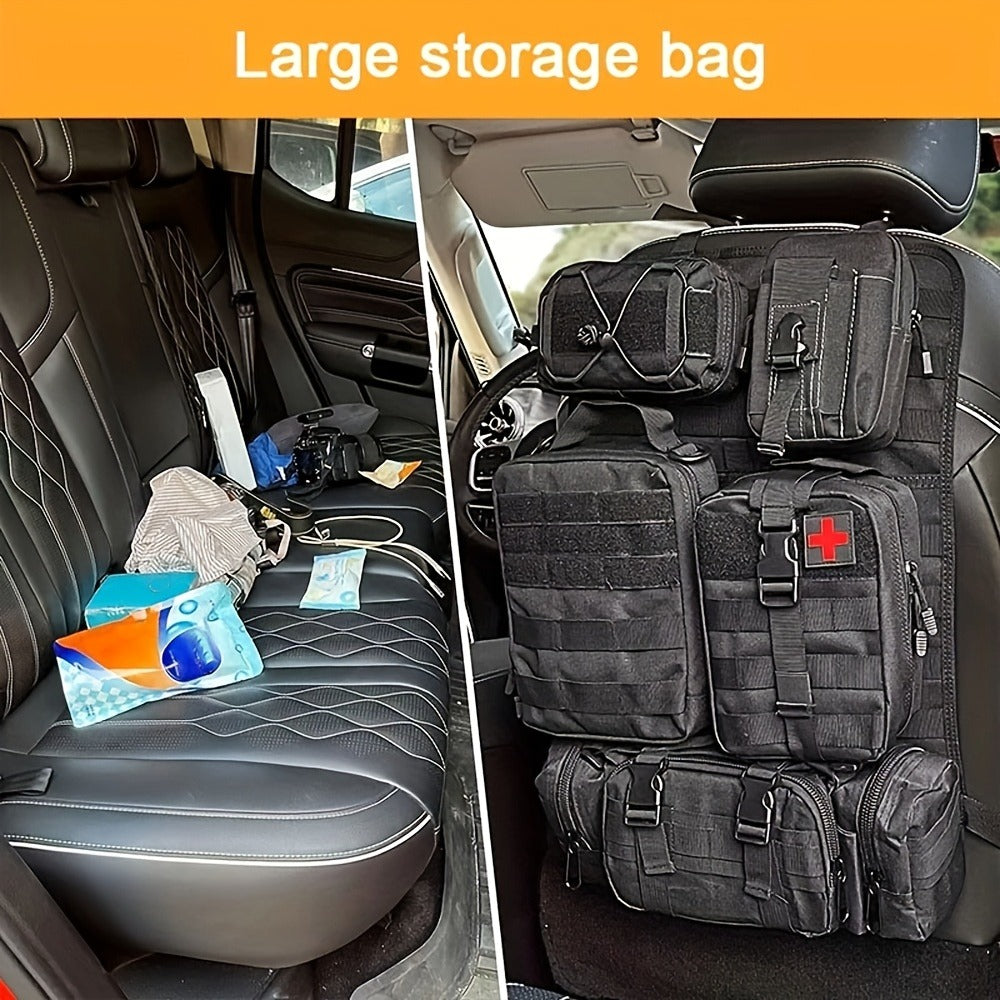 Black MOLLE-Style Seatback Car Organizer Panel with Five Detachable Pouches and Six Keychains