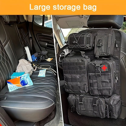 Black MOLLE-Style Seatback Car Organizer Panel with Five Detachable Pouches and Six Keychains