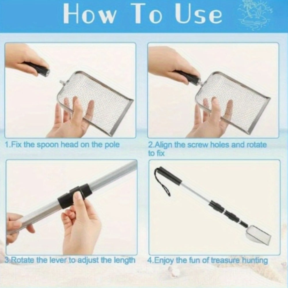 Stainless Steel Beach Sand Sifter with Retractable Telescopic Handle – Portable Sand Sieve for Treasure Hunting
