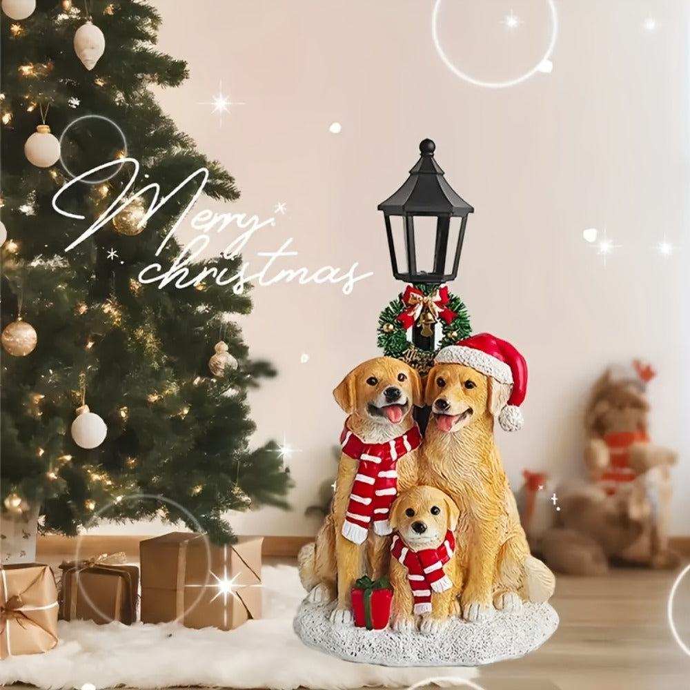 Golden Retriever Family LED Christmas Figurines - Realistic Resin Dog Statues with Santa Hats
