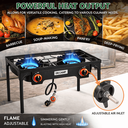 Propane Camping Stove Cast Iron 1, 2 or 3 Burner with Detachable Legs, 20 PSI High-Pressure Regulator