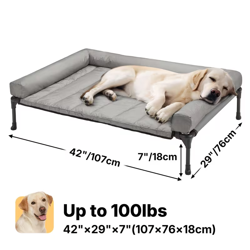Elevated Dog Bed with Cooling Mesh & Removable Bolster Pillow Top Mat – Raised Dog Cot Bed, No-Slip Feet, Breathable Dog Sofa Bed for Indoor