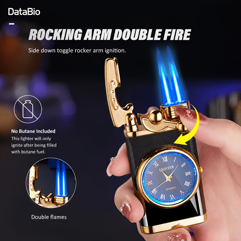 Vintage Dial-Front Double-Flame Butane Lighter with Rocker Ignition in Black Matte or Red Wood Grain