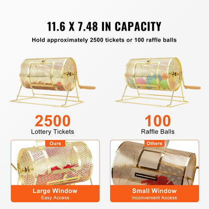 Raffle Drum Spinning Cage 12 Inch – Brass Plated Metal Lottery Ticket Drum with Wooden Handle, Holds 2500 Tickets or 100 Ping Pong Balls