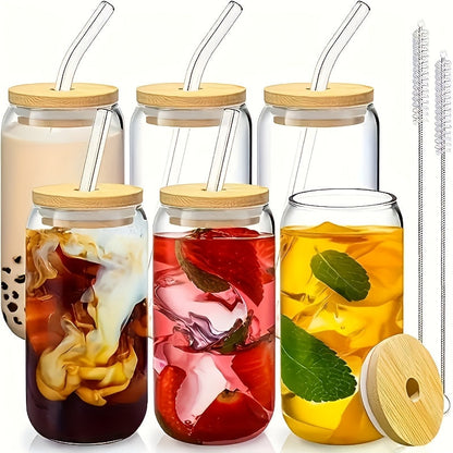 Glass Coffee Cup Drinkware Set, 16oz Clear Cups with Bamboo Lids, Glass Straws and Brushes in 4 to 16 Pieces