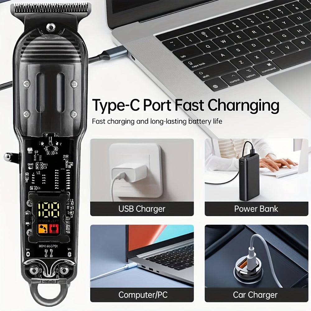Hair Clippers & Trimmers Transparent LCD Kit with Full-Size Clipper, T-Blade Detailer, Foil Shaver and Type-C Charging