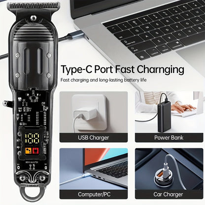 Hair Clippers & Trimmers Transparent LCD Kit with Full-Size Clipper, T-Blade Detailer, Foil Shaver and Type-C Charging