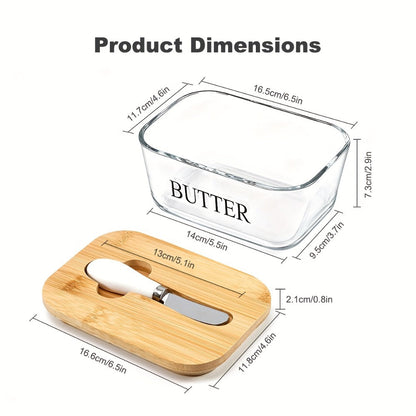 Transparent 1 lb Glass Butter Dish with Bamboo Lid, White-Handle Knife and Rectangular Food Container