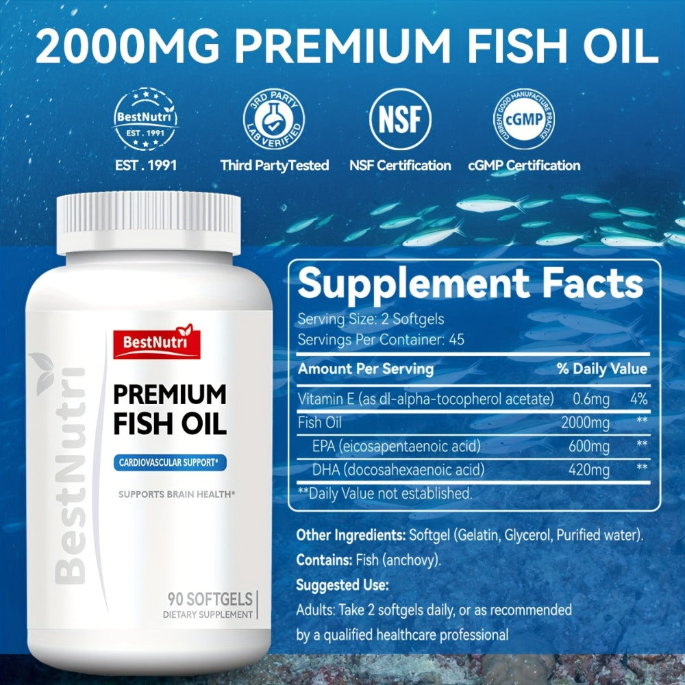Omega-3 Fish Oil 2000mg Softgels with EPA & DHA, Cold-Extracted CGMP, Brain Vitality Heart Health Anti-Inflammatory Support