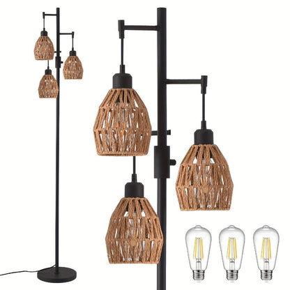 Boho Rattan Floor Lamp Dimmable, 3-Light Stepless Dimming Standing Lamp with Natural Rattan Shade & Metal Base for Living Room