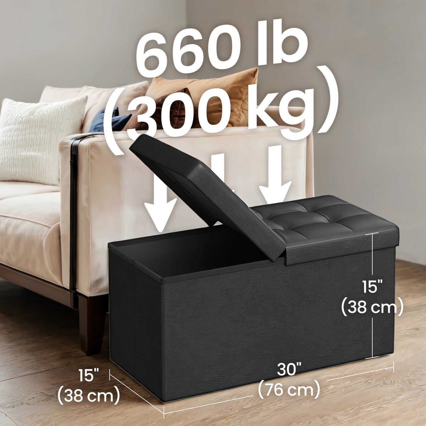 Storage Ottoman with Flip Top Lid, Foldable Faux Leather Chest Stool, 30" Wide Extra Seating & Blanket Storage for Entryway