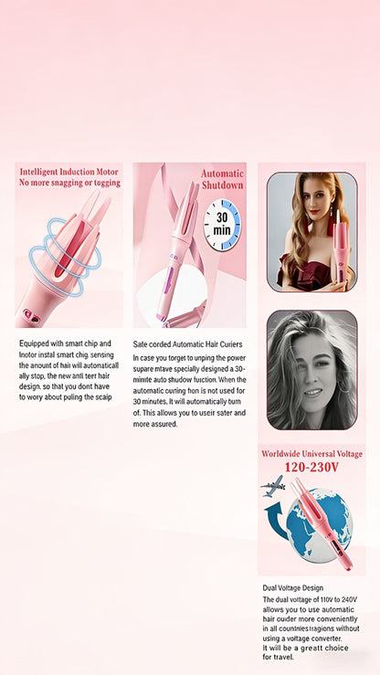 Automatic Rotating Curling Iron 4 Temperature Settings 40M Negative Ion Ceramic Barrel, for Home, Travel and Salon Hair Styling