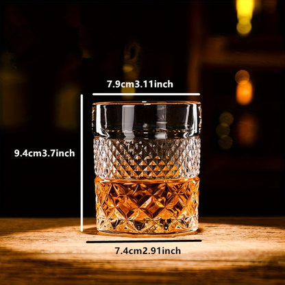 Single Embossed Whiskey Tumbler with Square Rim, Diamond-Cut Pattern and Thick Clear Base for Home Bar Service