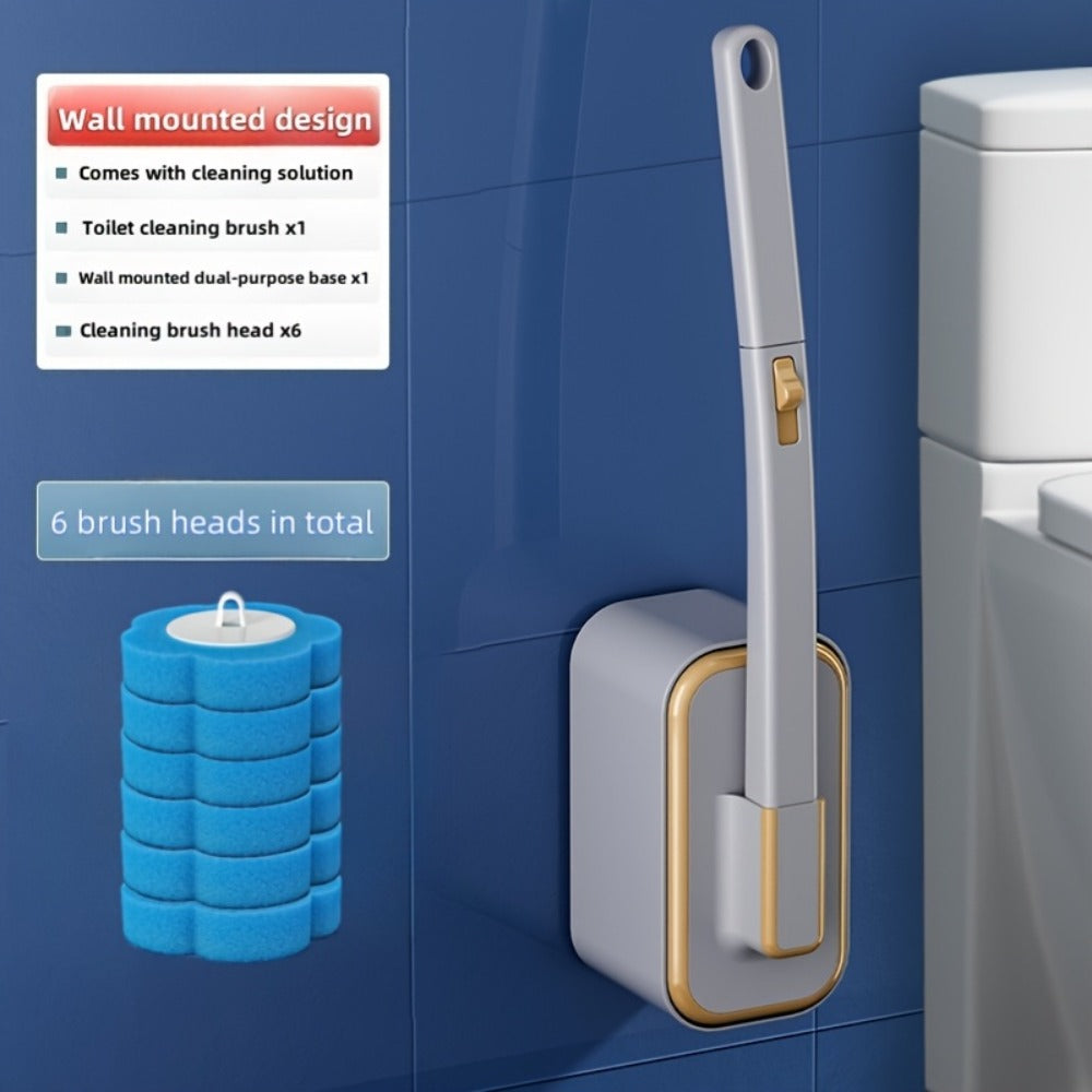 Wall-Mounted Toilet Brush Set with 8 Disposable Heads | No-Drill Easy Install, Long Handle Bathroom Cleaning Brush