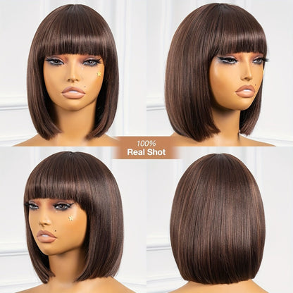 Yaki Straight Bob Wig with Bangs 10 Inch Brown Highlight M4/30 Blunt Cut Heat Resistant Synthetic Short Natural Looking Bob for Women Daily