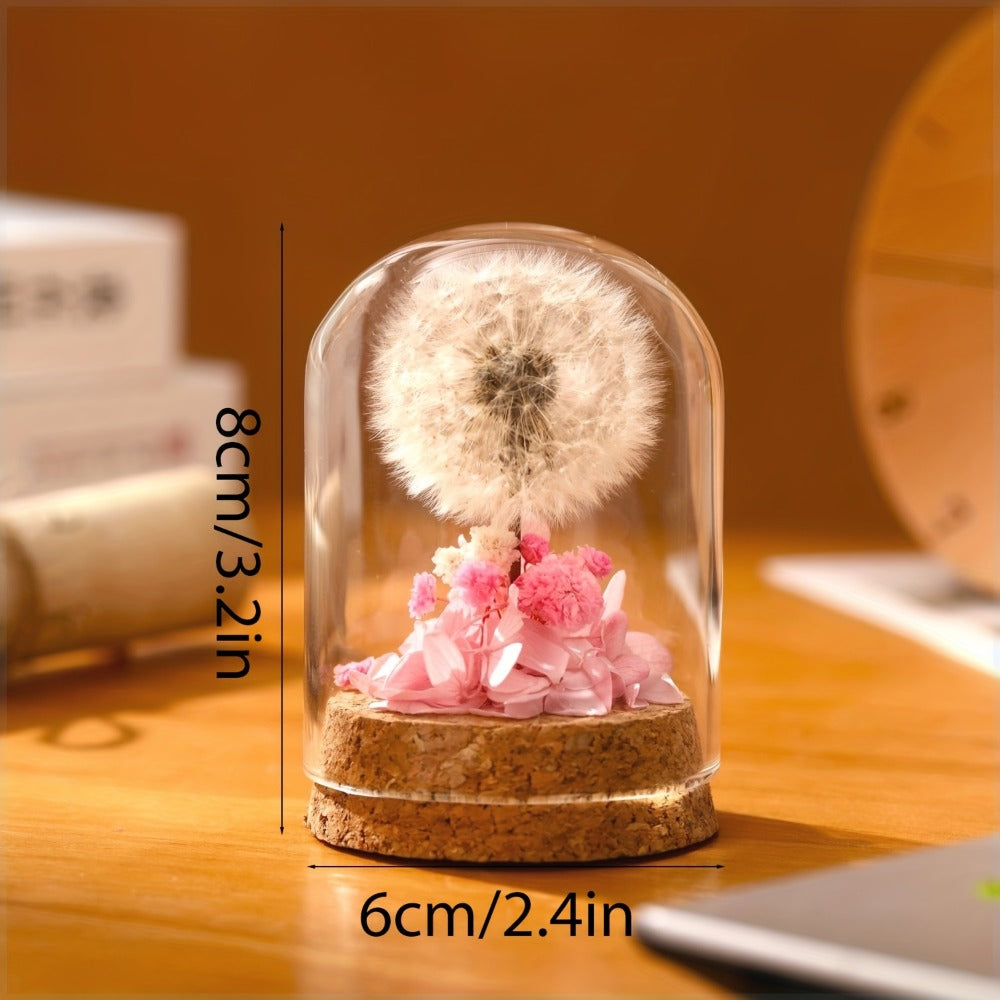 Dandelion Glass Dome Tabletop Decor with White Seed Head, Cork-Look Base, 3.2 x 2.4-Inch Size and Red or Pink Flowers