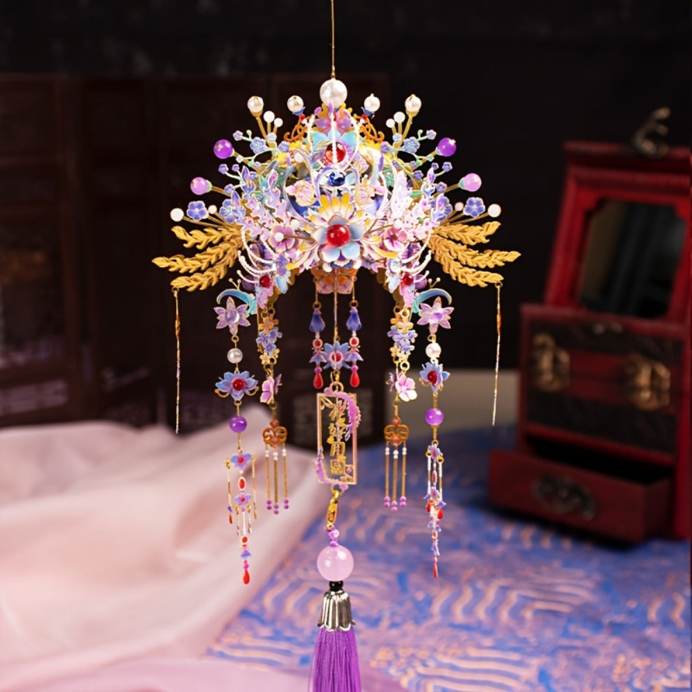 3D Metal Puzzle Phoenix Crown Qingluan – Blue & Gold DIY Assembly with Beads & Tassels, Chinese Mythology Art Collectible