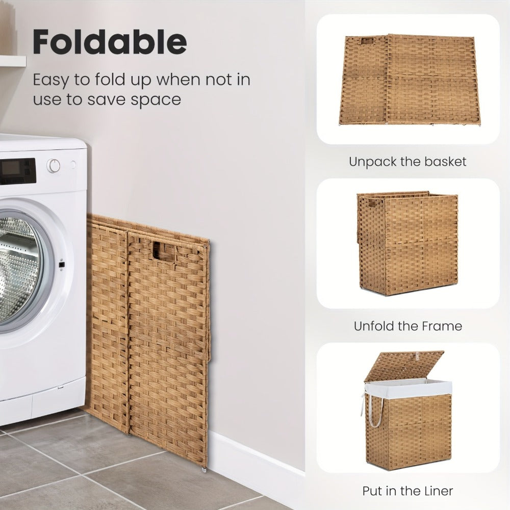 Lidded Woven Laundry Hamper with Removable Liner in Goose Yellow or Dove Gray and Two Capacity Labels