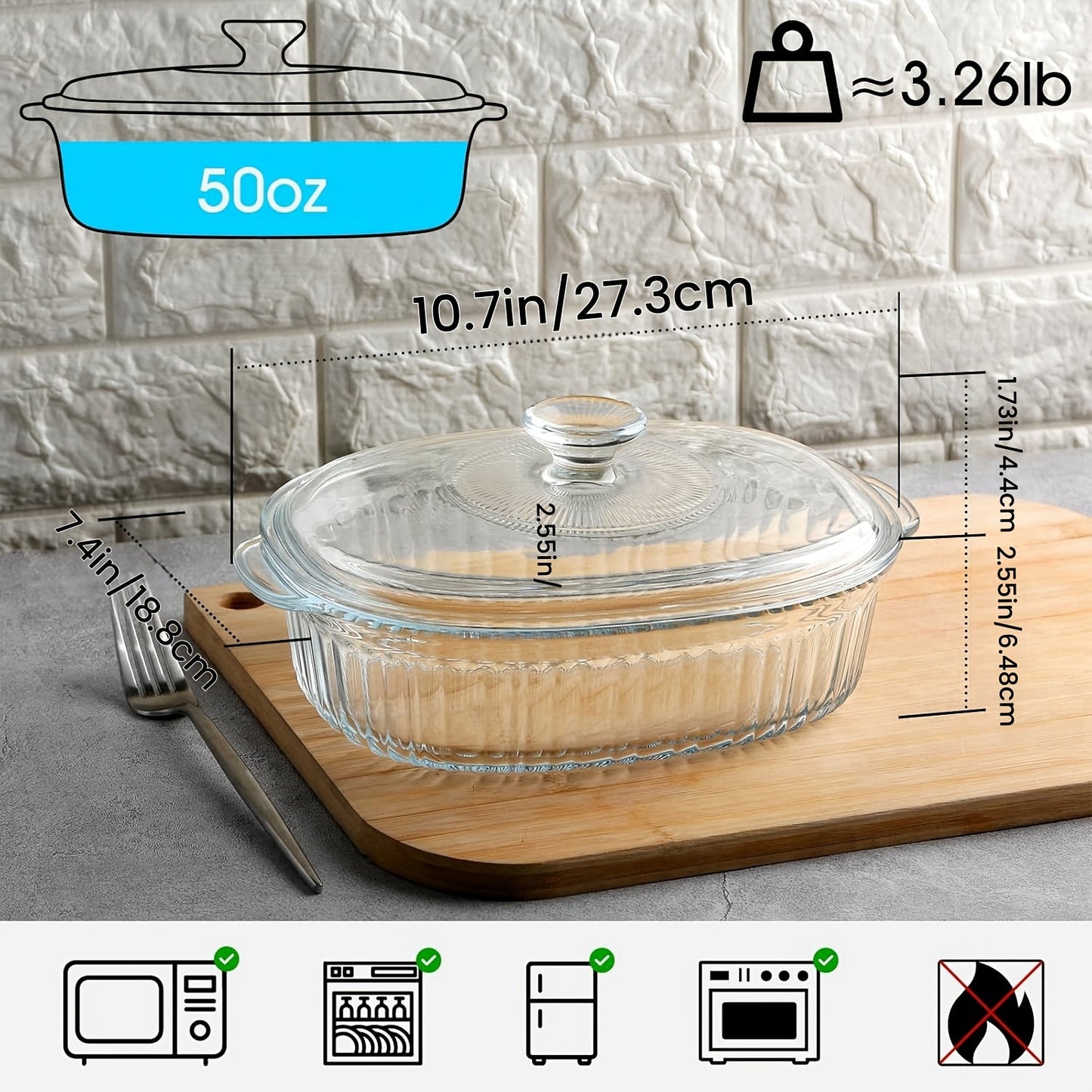 Glass Casserole Dish with Lid, Oval Ribbed Roasting Pan, Oven & Covered Baking Dish for Entryways, Bedrooms and Living Spaces