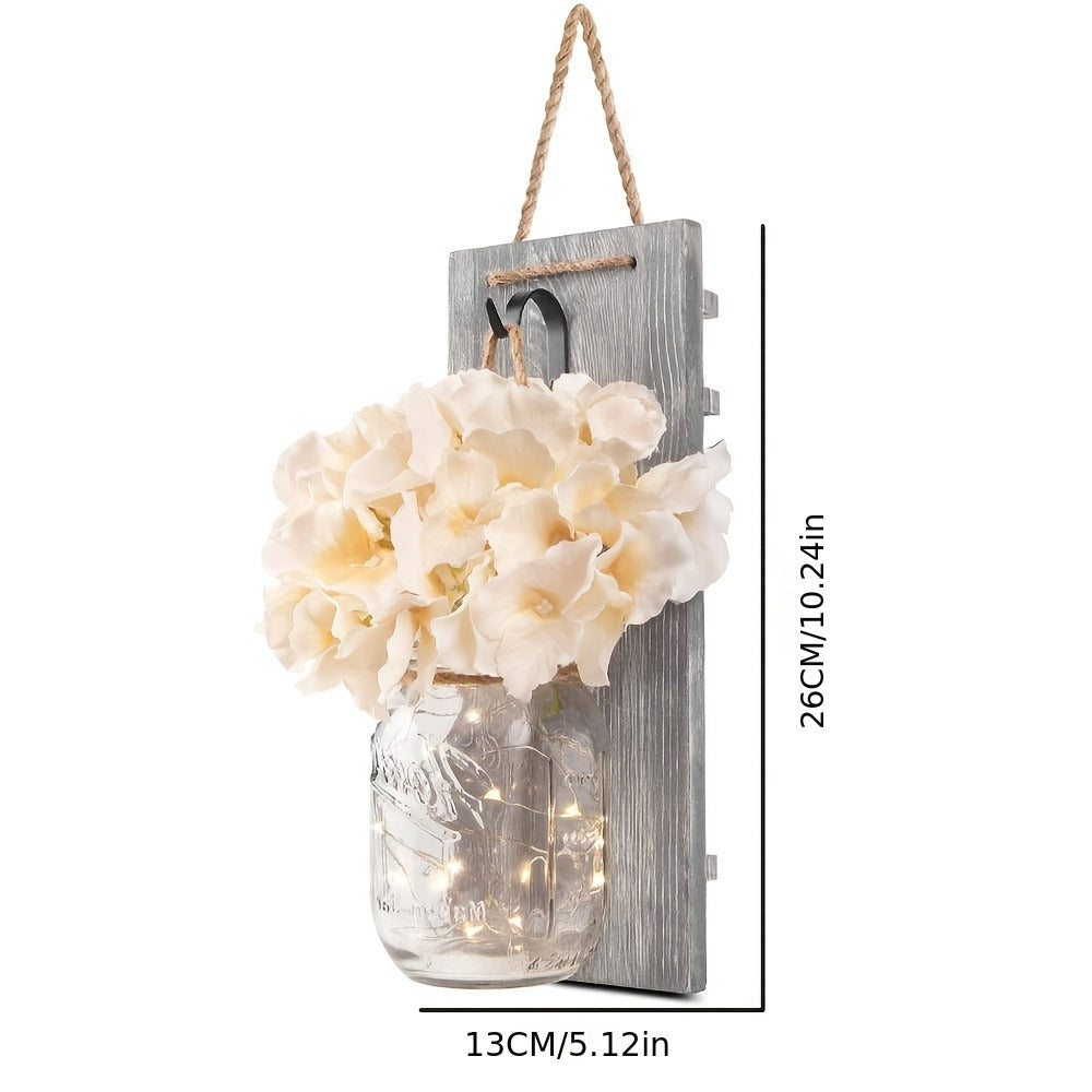 Mason Jar Wall Sconces Set of 2 – Rustic Farmhouse Wall Decor with Ivory Hydrangea Flowers