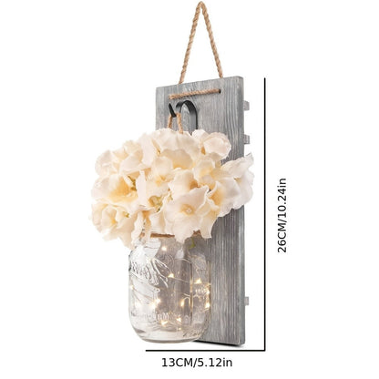 Mason Jar Wall Sconces Set of 2 – Rustic Farmhouse Wall Decor with Ivory Hydrangea Flowers