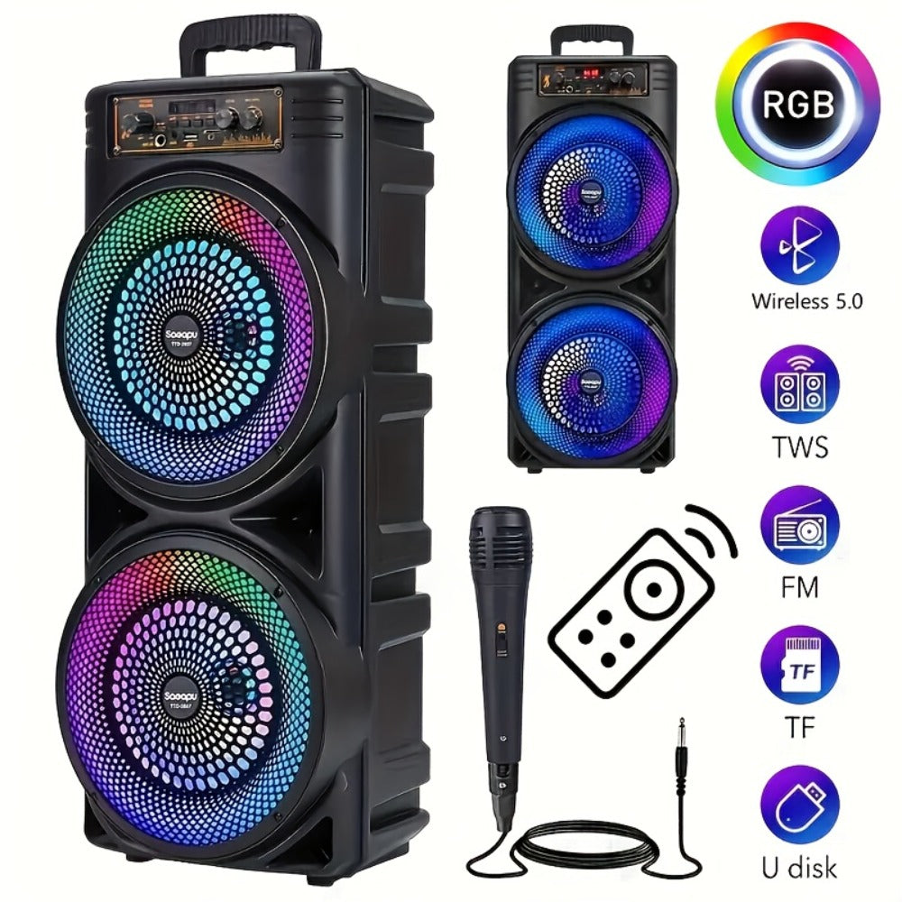 Dual 8.5" Subwoofer Party Speaker 6000W with RGB Lights | Portable Wireless Bluetooth 5.0, TWS Stereo Pairing, FM Radio, Built-in Mic