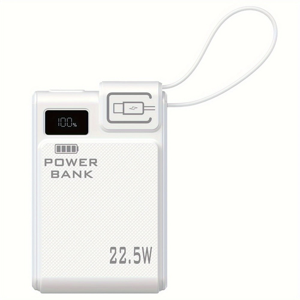 10000mAh Power Bank with 22.5W Label, Built-In USB-A and USB-C Cables, Three Outputs and Display