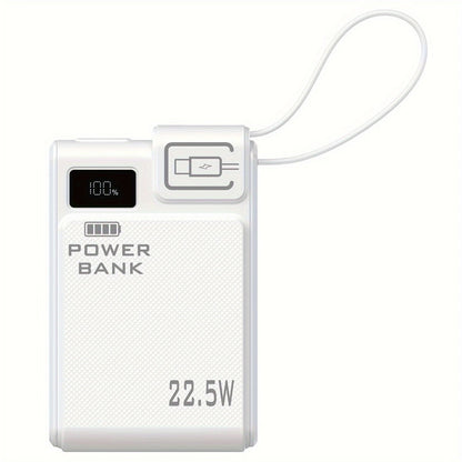 10000mAh Power Bank with 22.5W Label, Built-In USB-A and USB-C Cables, Three Outputs and Display