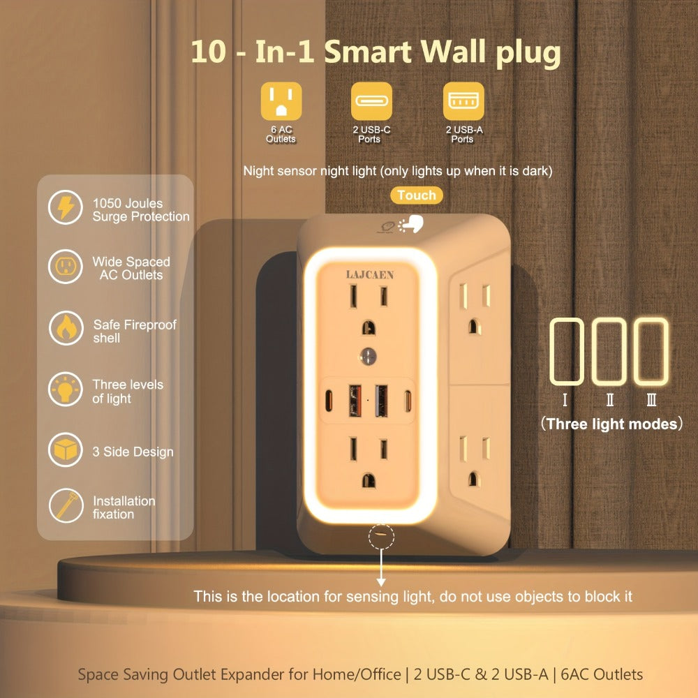 Outlet Splitter Wall Expander 10-in-1 with 6 AC Outlets 2 USB-A 2 USB-C Ports 3-Sided Plug for an Everyday Personal Care Routine