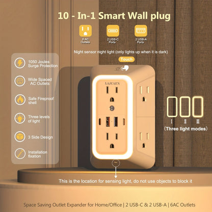 Outlet Splitter Wall Expander 10-in-1 with 6 AC Outlets 2 USB-A 2 USB-C Ports 3-Sided Plug for an Everyday Personal Care Routine