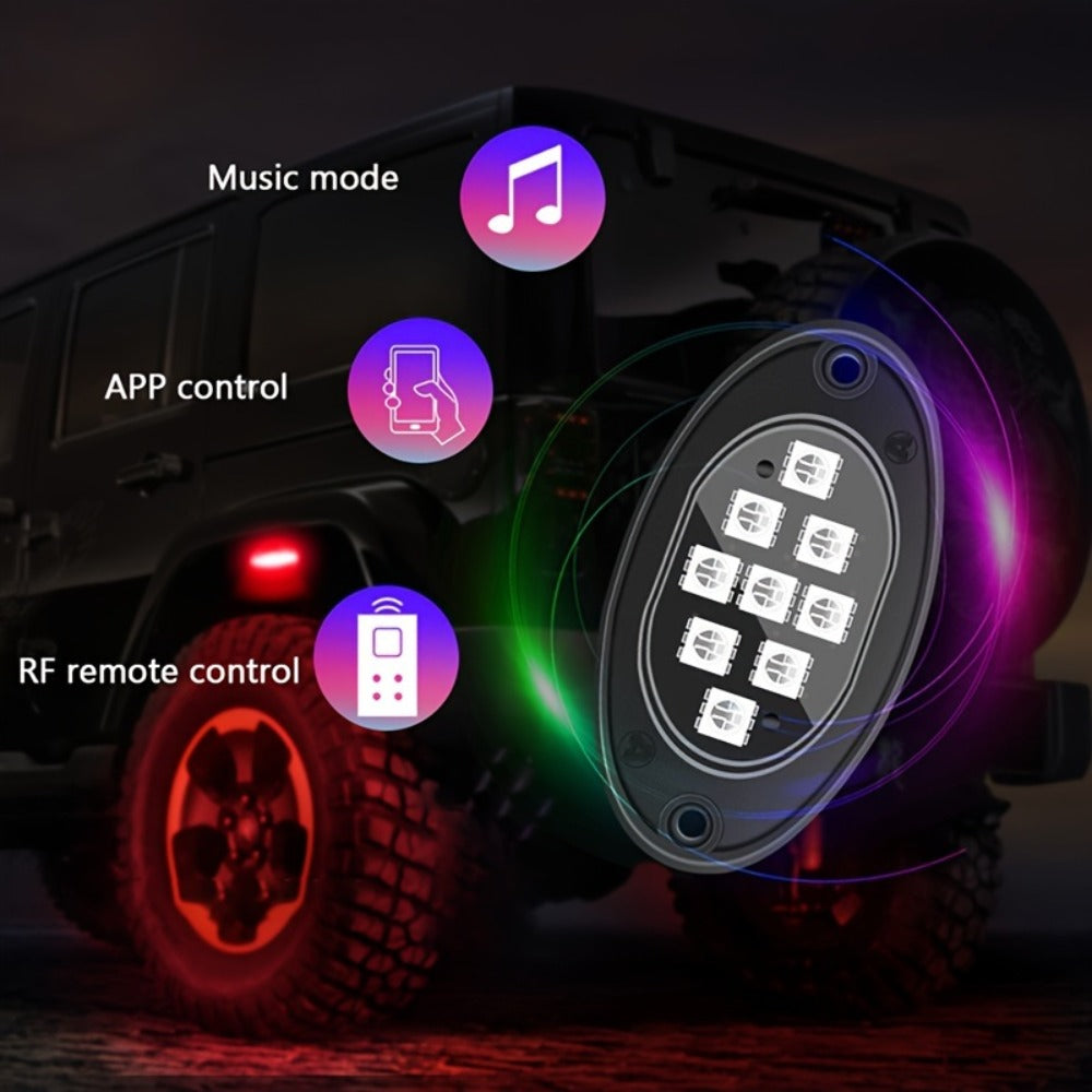 RGB Rock Lights Kit for Trucks & Cars, Sound-Activated LED Underbody Lights with APP & Remote Dual Control