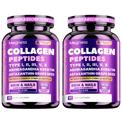 Collagen Capsules Type I II III V X with Vitamin C, Hyaluronic Acid & Biotin, Skin Hydration, Elasticity