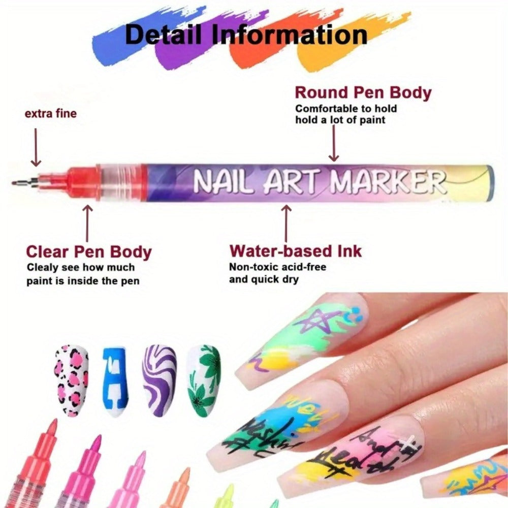 Metal Rod Nylon Brush Nail Art Pen Set 12 Colors – Acrylic Paint Pens for 3D Doodle Dot & Stitching Nail Design