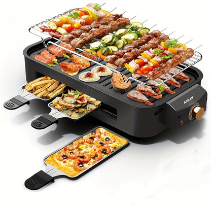 Electric BBQ Grill Indoor, 1500W Smokeless Tabletop Grill with Removable Frying Pan, Waffle Maker & Non-Stick Stainless Steel Plates