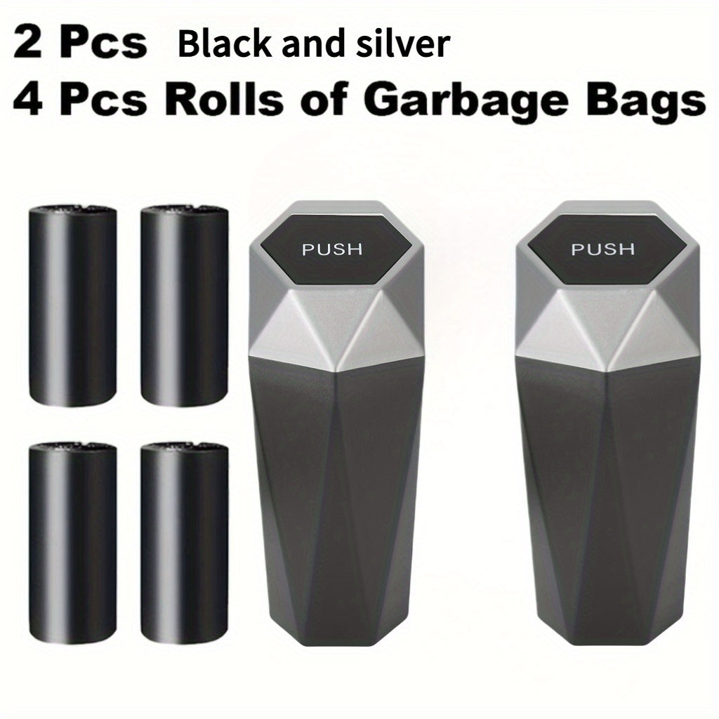 Diamond-Pattern Mini Car Trash Can Pair with Four Bag Rolls, Push Lids and Four Color Choices