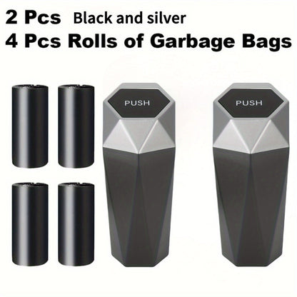 Diamond-Pattern Mini Car Trash Can Pair with Four Bag Rolls, Push Lids and Four Color Choices