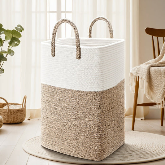 Woven Cotton Rope Laundry Basket with Twin Handles, 40L to 100L Sizes and Five Two-Tone Color Options