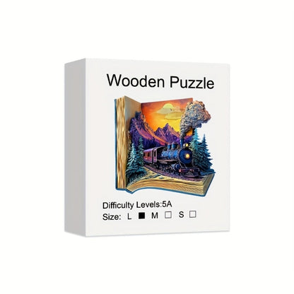 Galloping Train Wooden Jigsaw Puzzle with Book-Style Scene and 5.7 or 11.2 Inch Size Options