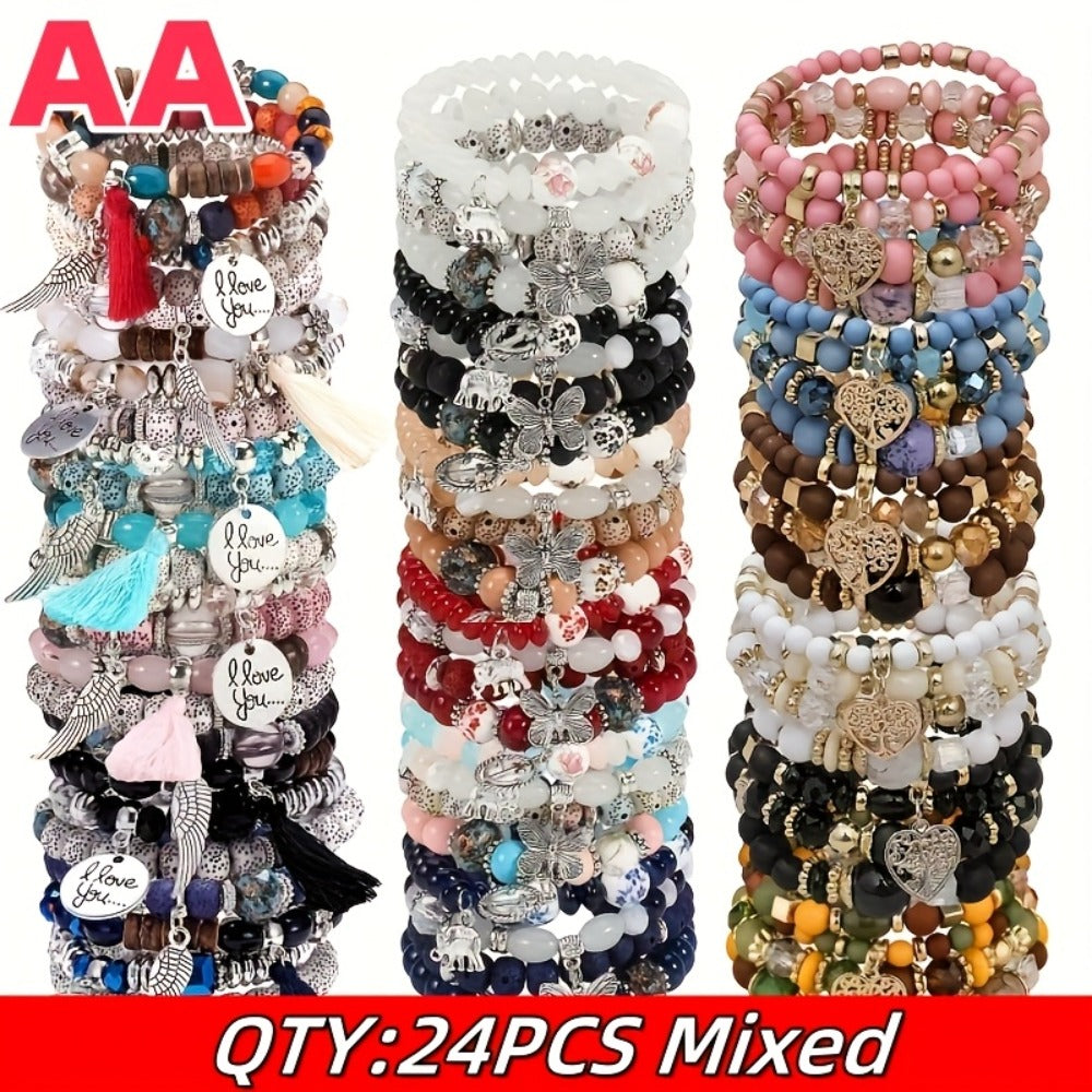 Bracelet Set, 24-Piece Assorted Wood-Bead Elastic Stack with Tassels and Pendant-Style Accents