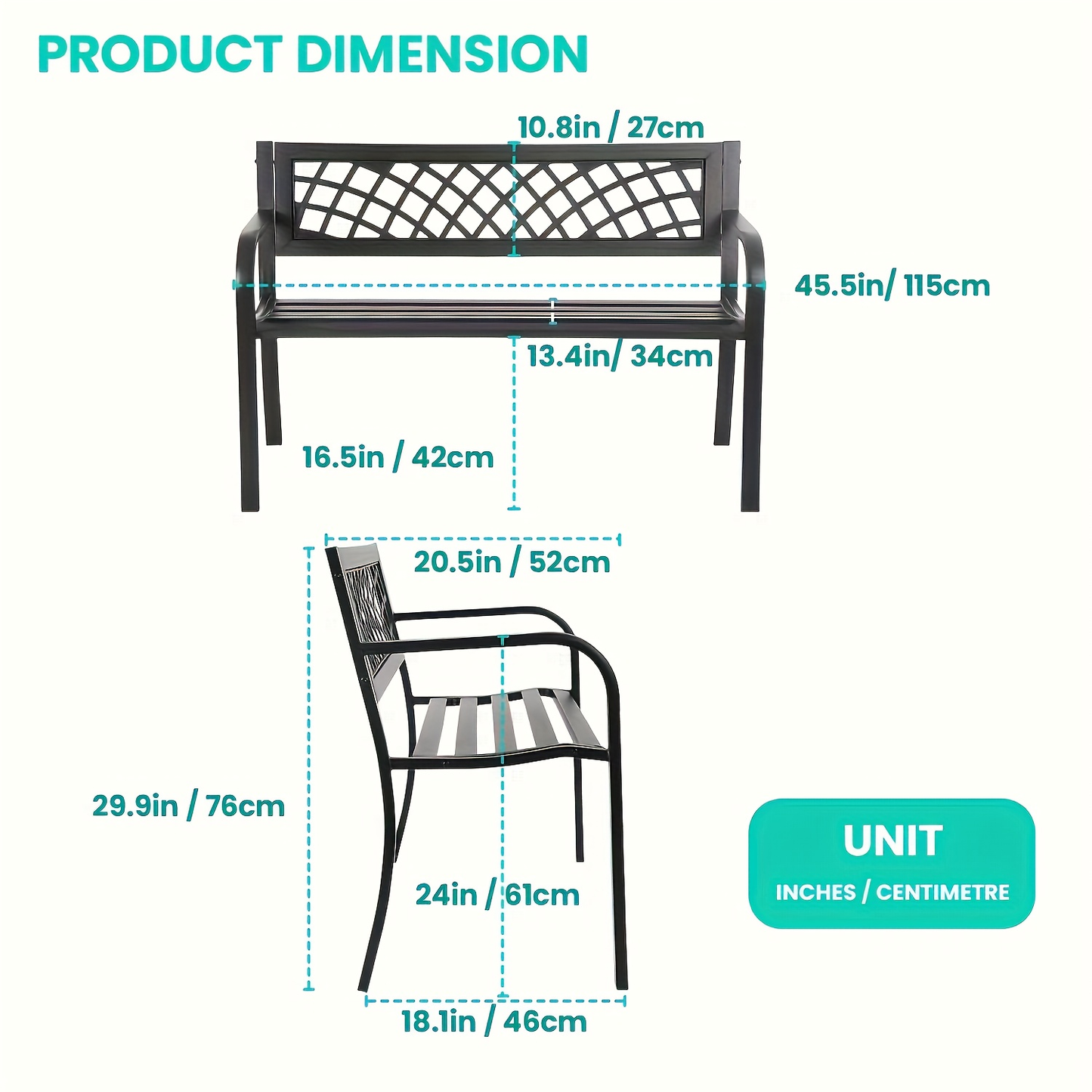 Garden Bench Outdoor Solid Black Metal Frame Patio Seating Park Bench for Backyard Lawn Porch Entryway for Garden, Patio and Yard Use