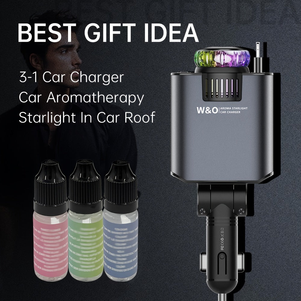 Car Charger with 80 cm Retractable Cable, Aroma Diffuser and Red Star Projector in a Black Plug-In Design