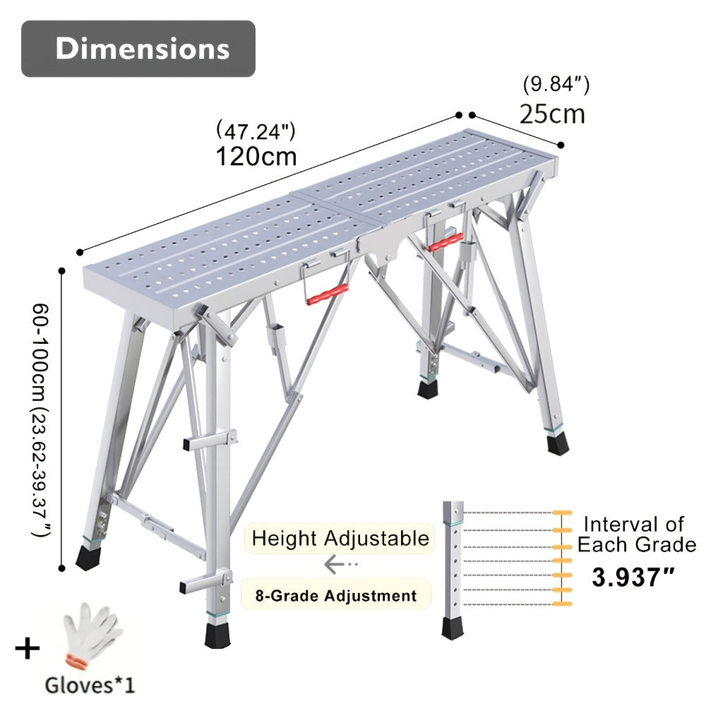 Adjustable Folding Scaffolding Work Platform, Portable Drywall Bench Step Ladder with Anti-Slip Feet & Safety Lock