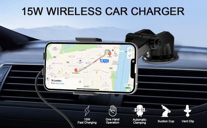 10W Auto-Sensing Car Phone Mount with Wireless Charging Clamp, Vent Clip and Suction-Style Base